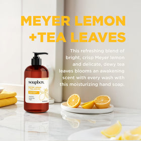 Soapbox hand soap packaging with lemon and tea leaves