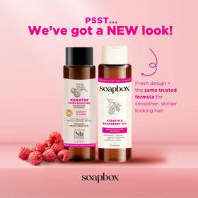 Soapbox Keratin & Raspberry Seed Oil Shampoo close-up with label