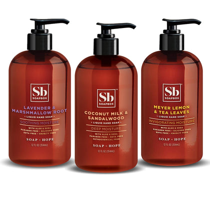 Soapbox Liquid Hand Soap Variety Pack front view with three bottles