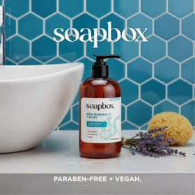 Soapbox Sea Minerals Aloe Liquid Hand Soap in bathroom setting