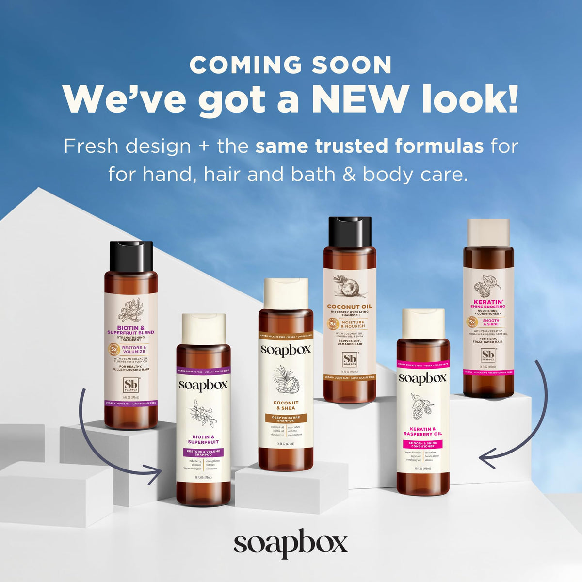 Soapbox shampoo and conditioner displayed on a bathroom shelf