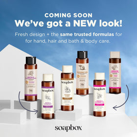 Soapbox shampoo and conditioner displayed on a bathroom shelf
