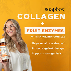 Soapbox Shampoo and Conditioner set on a bathroom shelf