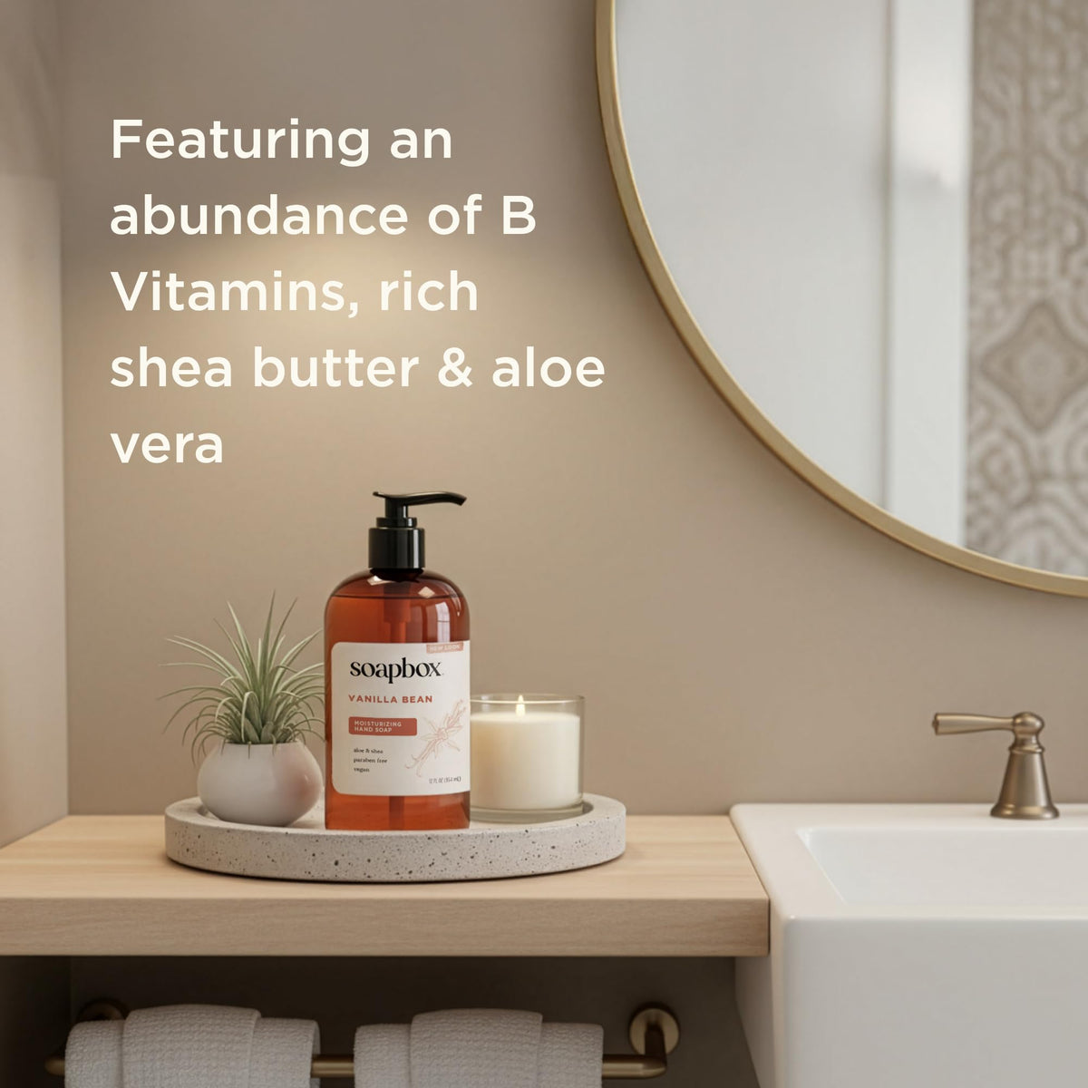 Soapbox Vanilla Bean Liquid Hand Soap in a bathroom setting