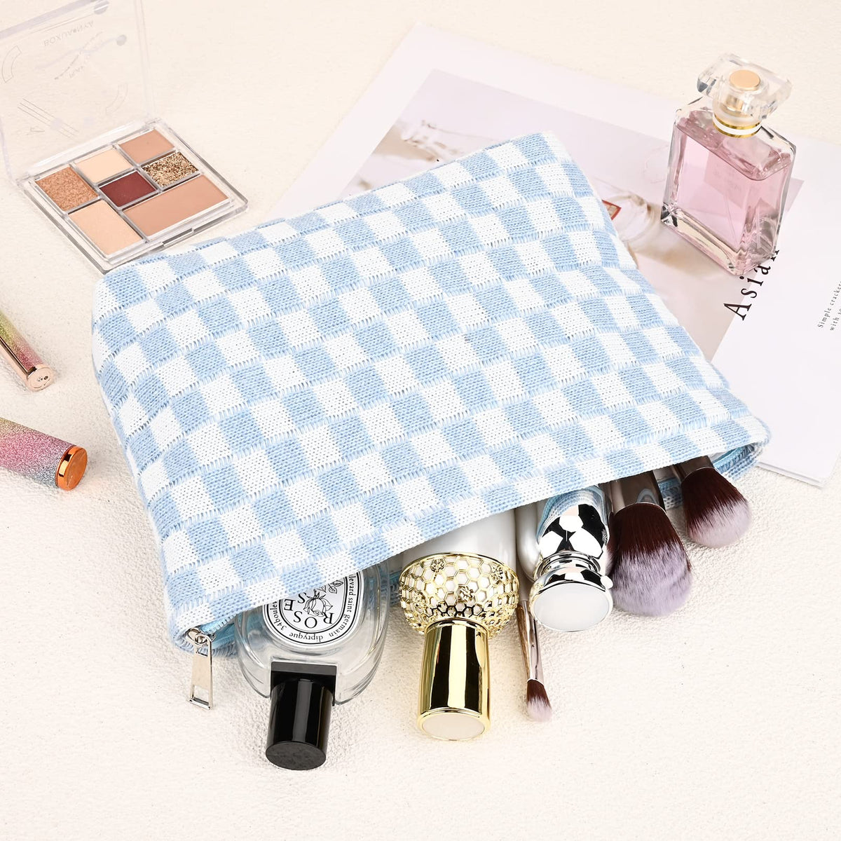 SOIDRAM blue checkered travel makeup bag