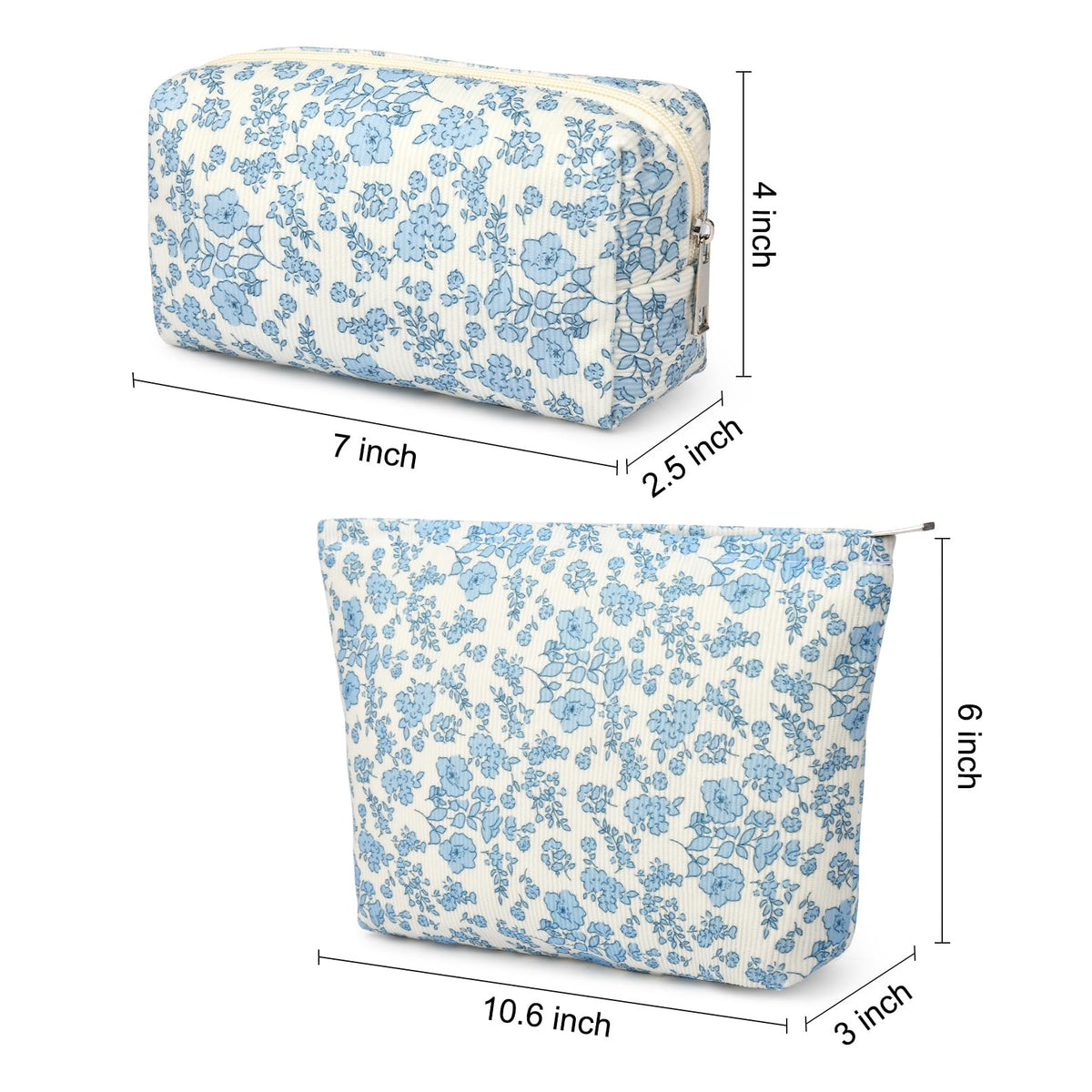 SOIDRAM blue floral makeup bag in a travel setting