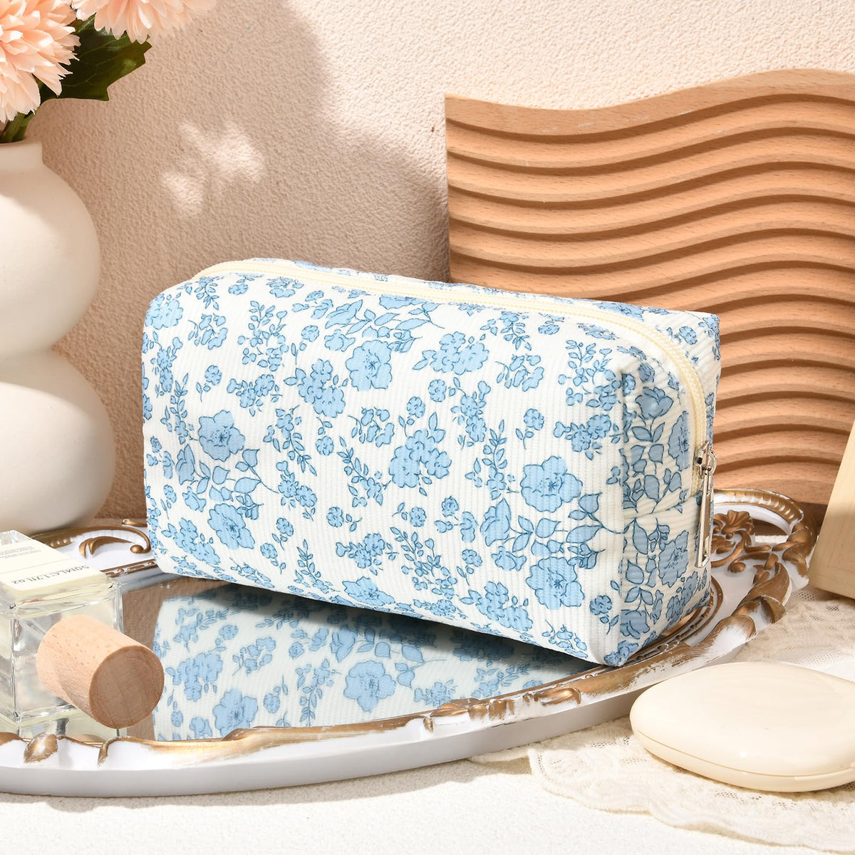 SOIDRAM blue floral makeup bag side view