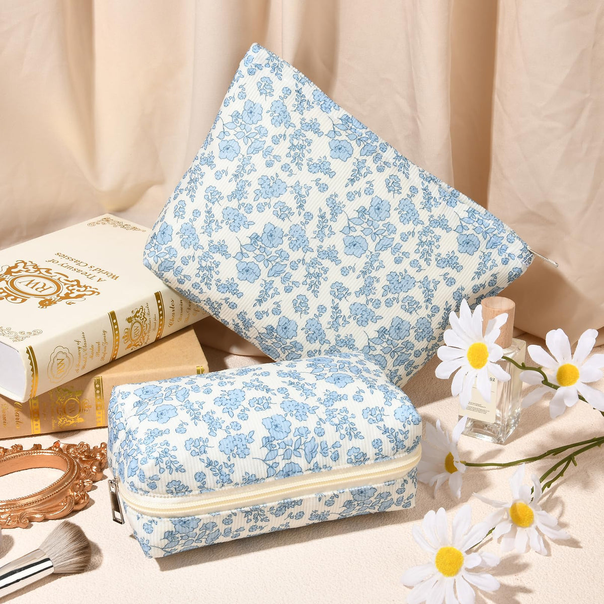 SOIDRAM blue floral makeup bag with zipper detail
