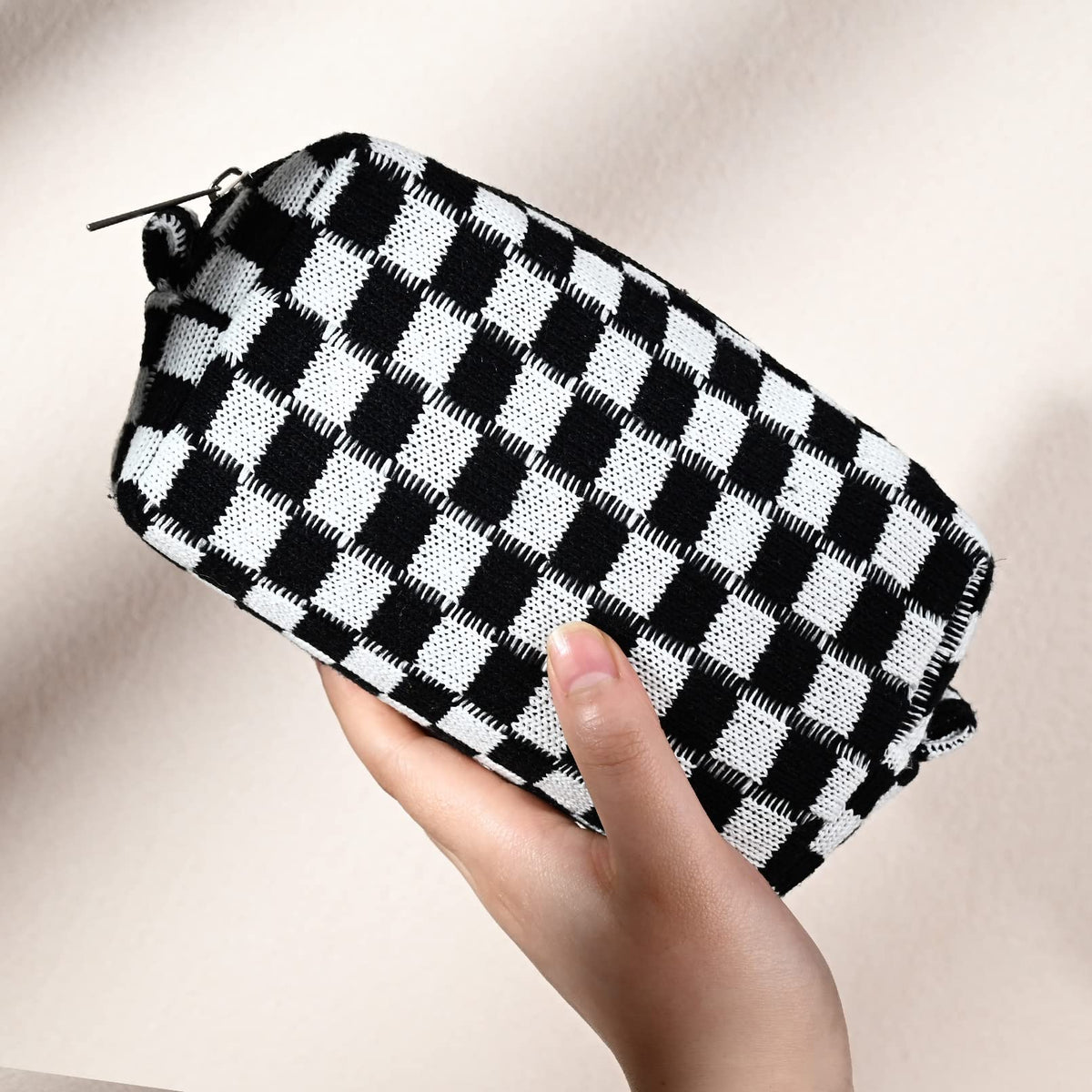 SOIDRAM checkered cosmetic bag lifestyle scene on a vanity