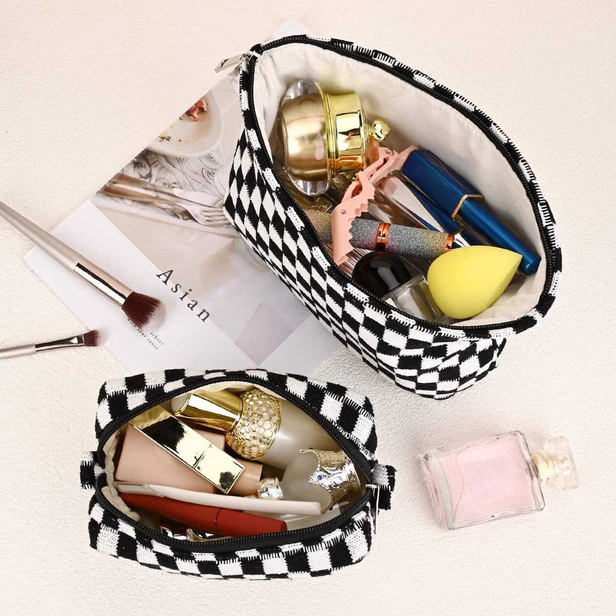 SOIDRAM checkered cosmetic bag open displaying contents