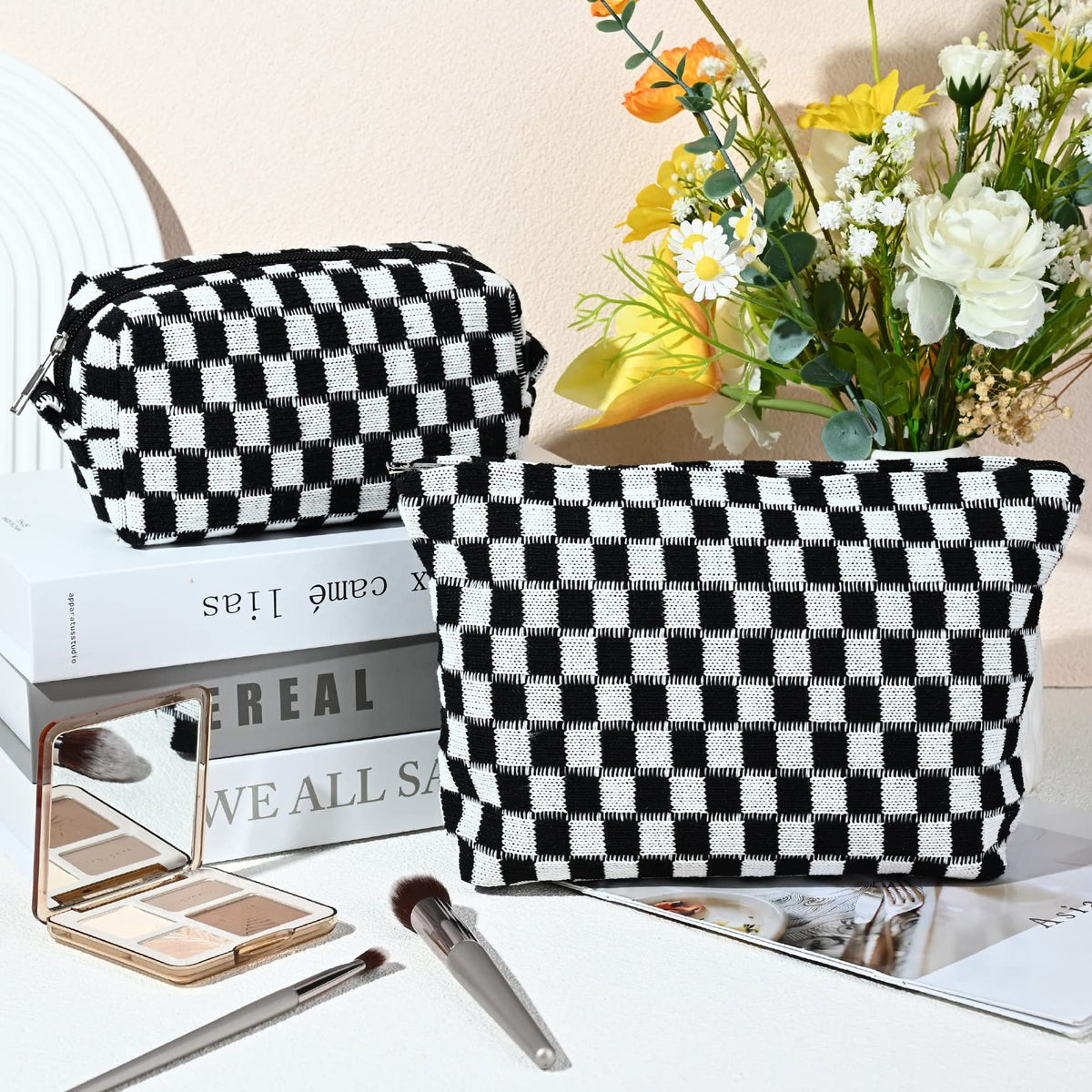 SOIDRAM checkered cosmetic bag side view showcasing size