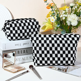 SOIDRAM checkered cosmetic bag side view showcasing size