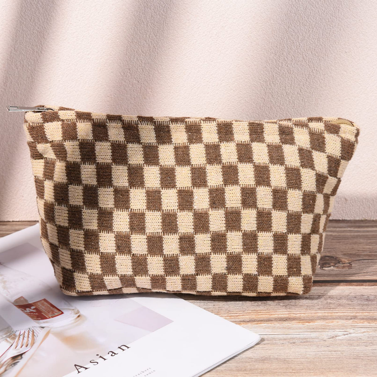 SOIDRAM checkered cosmetic bags on vanity