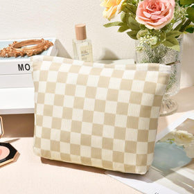 SOIDRAM Checkered Makeup Bag set displayed with travel essentials