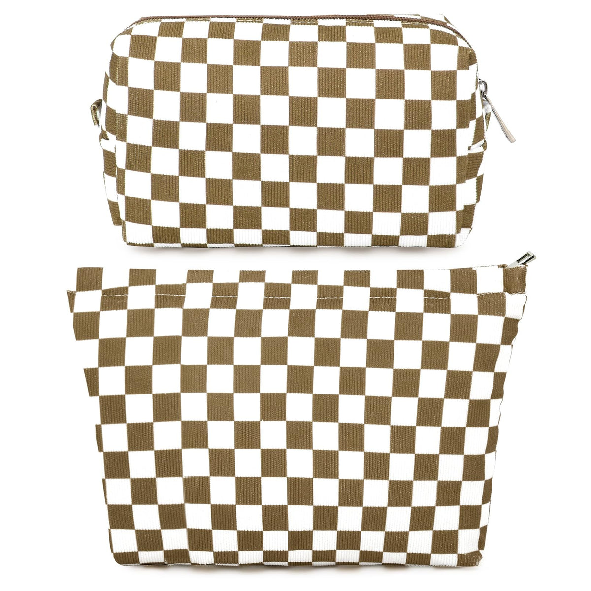 SOIDRAM Checkered Makeup Bag Set front view in coffee brown