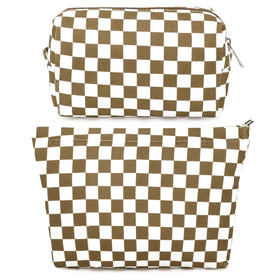 SOIDRAM Checkered Makeup Bag Set front view in coffee brown