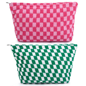 SOIDRAM checkered makeup bag set in green and pink front view