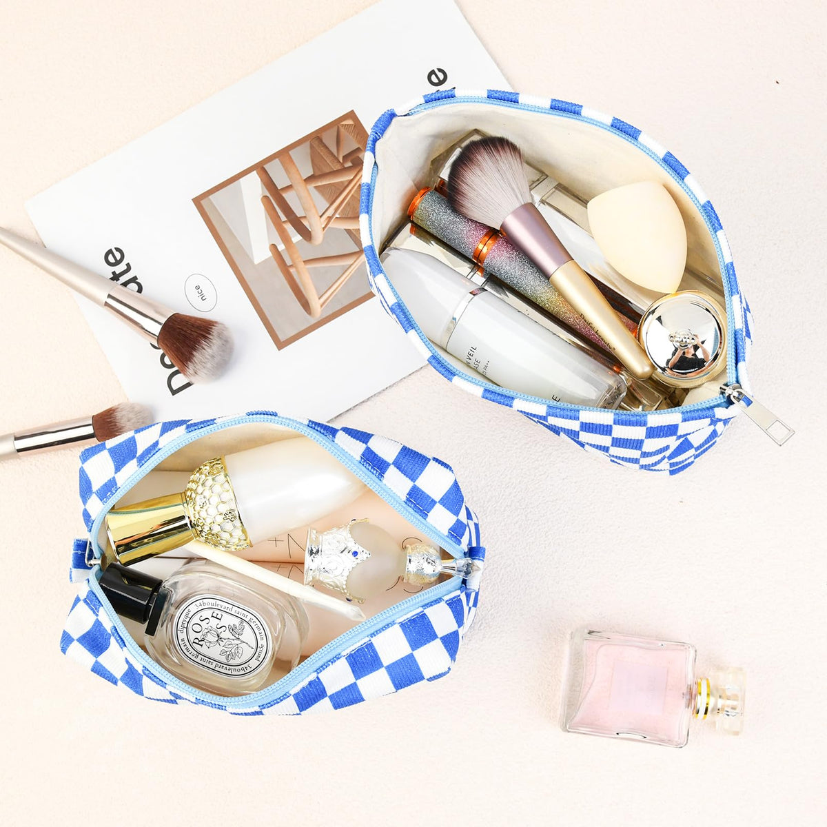 SOIDRAM Checkered Makeup Bag Set lifestyle scene with cosmetics