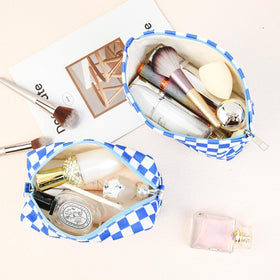 SOIDRAM Checkered Makeup Bag Set lifestyle scene with cosmetics