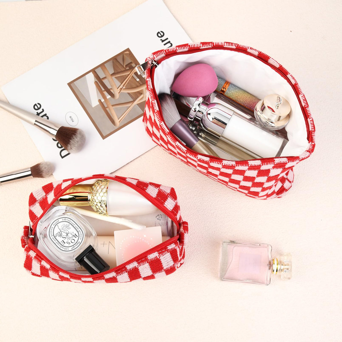SOIDRAM Checkered Makeup Bag Set lifestyle scene with travel items