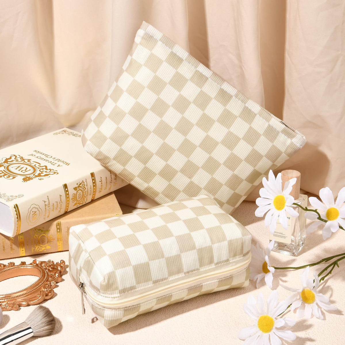 SOIDRAM Checkered Makeup Bag set on a bathroom counter