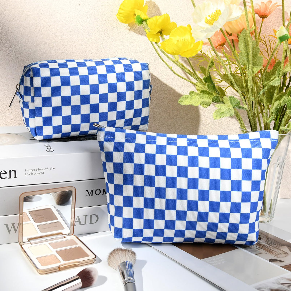 SOIDRAM Checkered Makeup Bag Set side view showing zipper