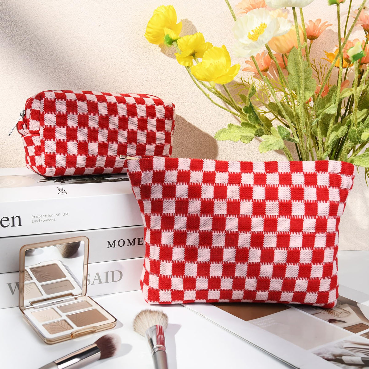 SOIDRAM Checkered Makeup Bag Set side view showing zipper
