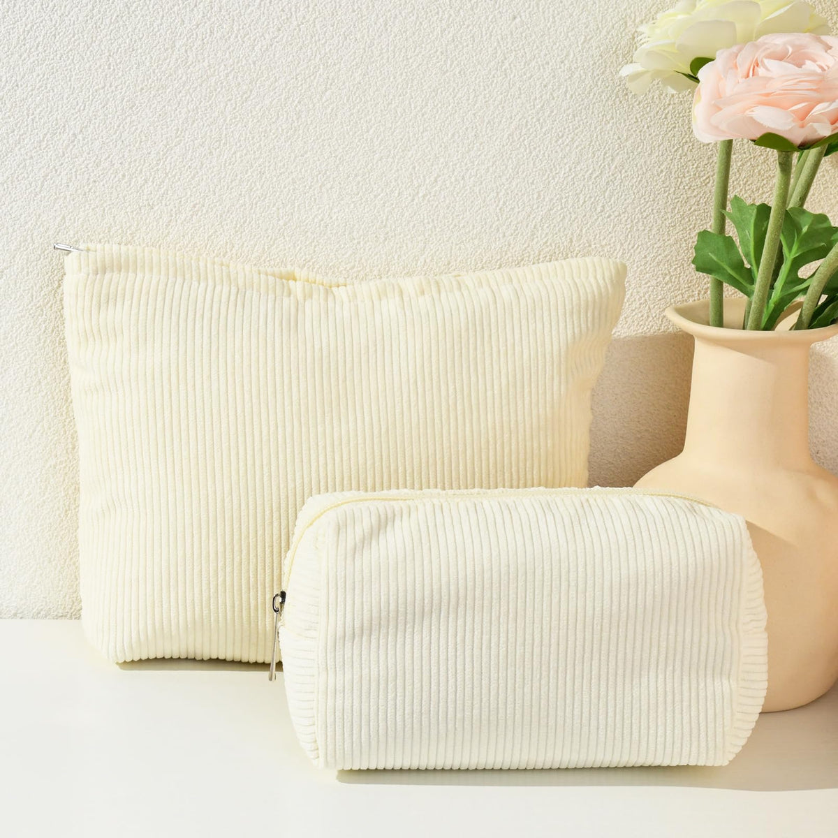 SOIDRAM Corduroy Makeup Bag large capacity with zipper