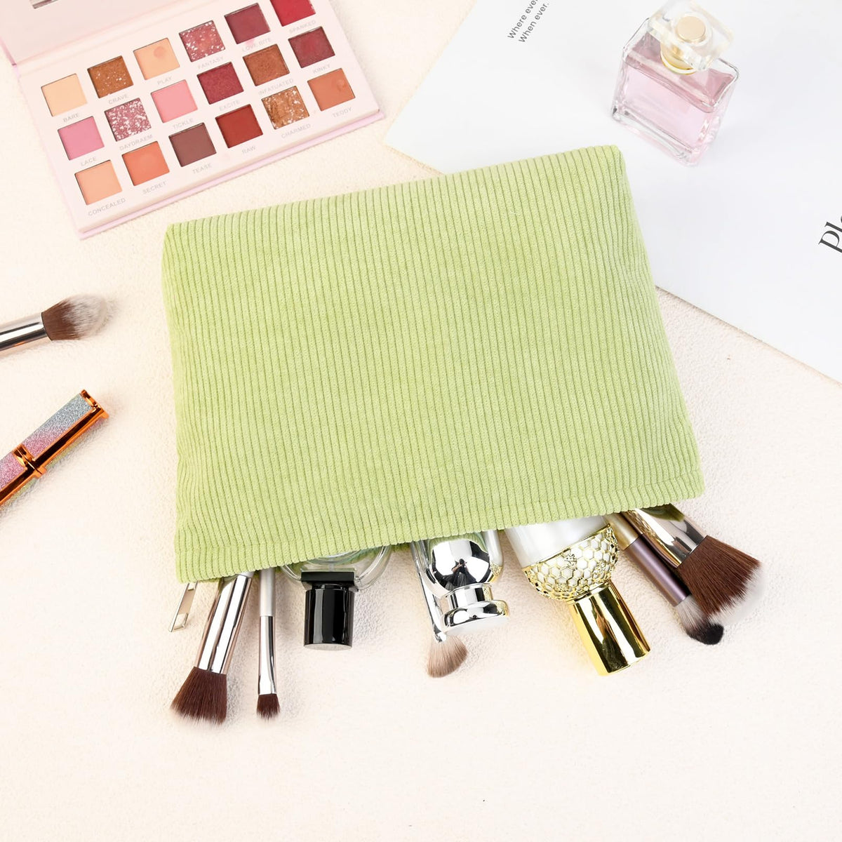 SOIDRAM Corduroy Makeup Bag lifestyle scene with cosmetics