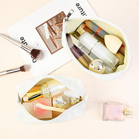 SOIDRAM Corduroy Makeup Bag lifestyle scene with makeup brushes
