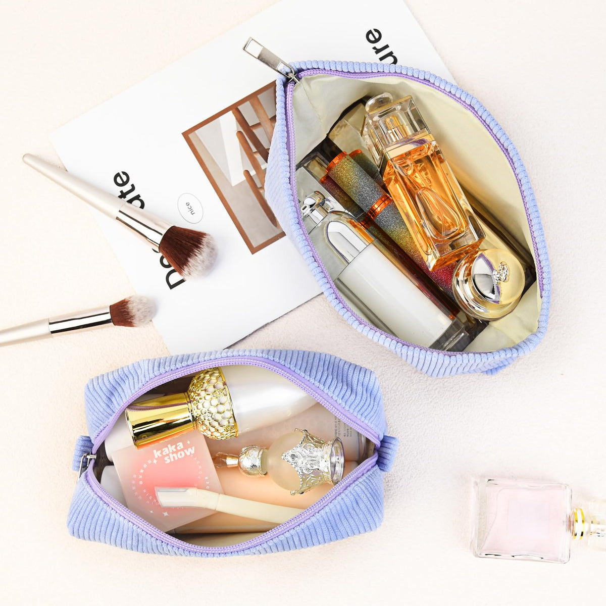 SOIDRAM Corduroy Makeup Bag on a vanity with cosmetics