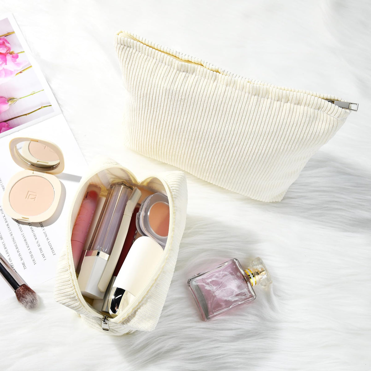 SOIDRAM Corduroy Makeup Bag with makeup brushes inside