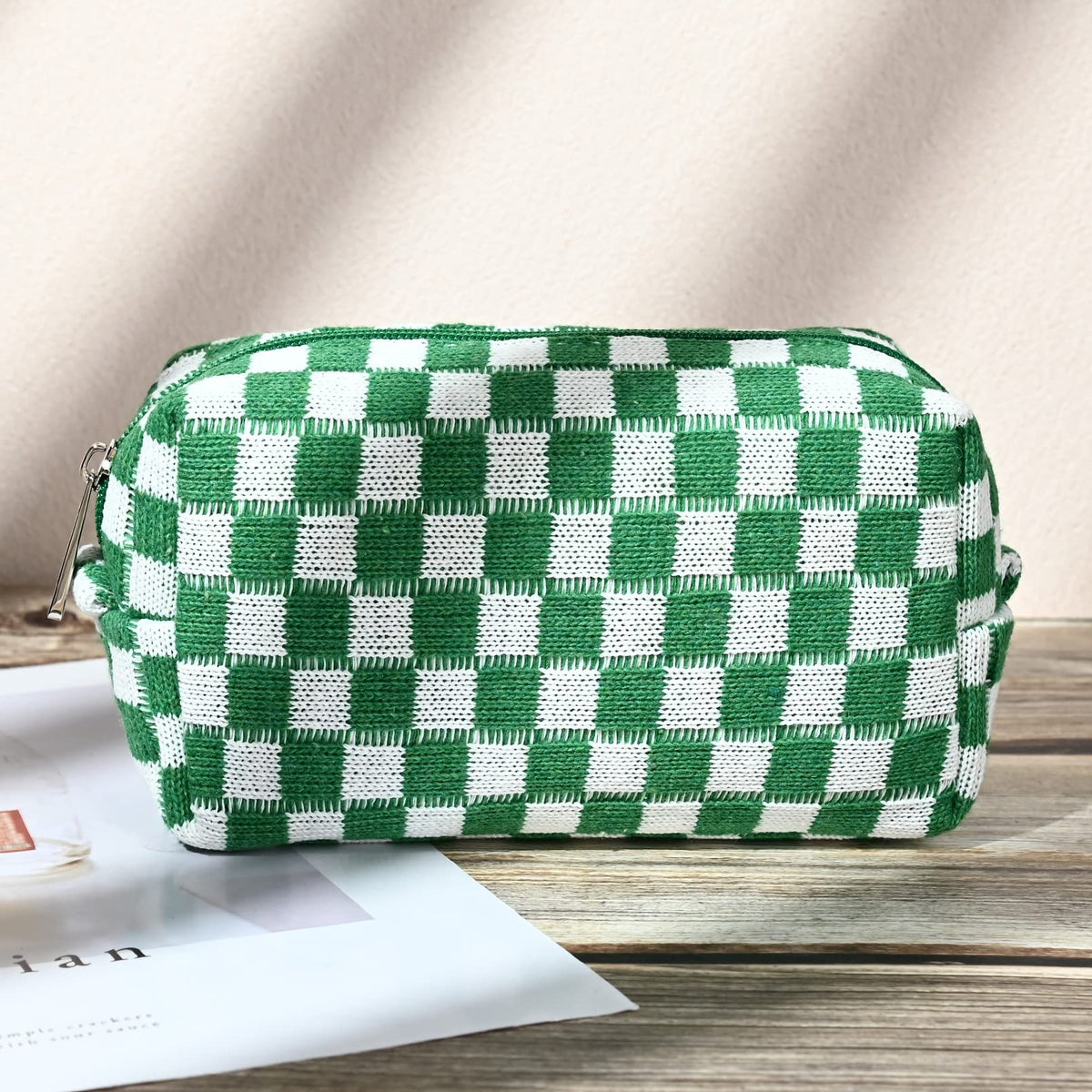 SOIDRAM green checkered makeup bags in lifestyle setting