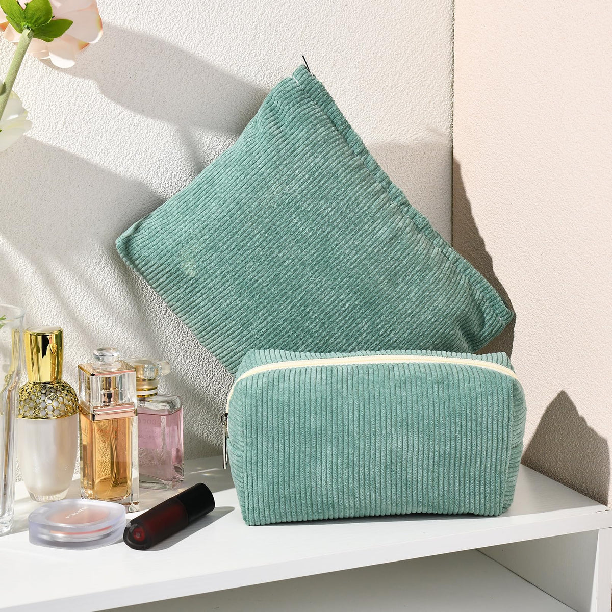 SOIDRAM green corduroy makeup bag pack with toiletries