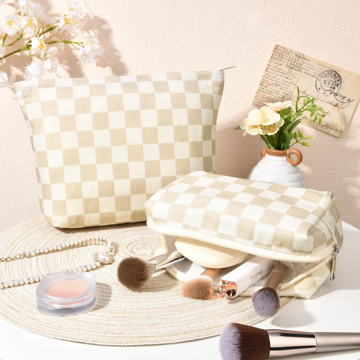 SOIDRAM large checkered makeup bag with toiletries inside