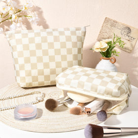 SOIDRAM large checkered makeup bag with toiletries inside