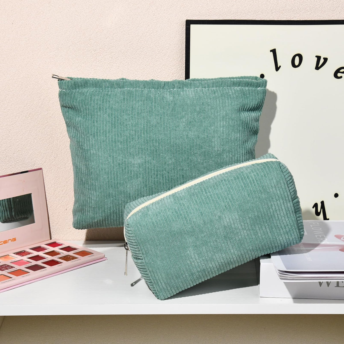 SOIDRAM large corduroy makeup bag with makeup brushes inside
