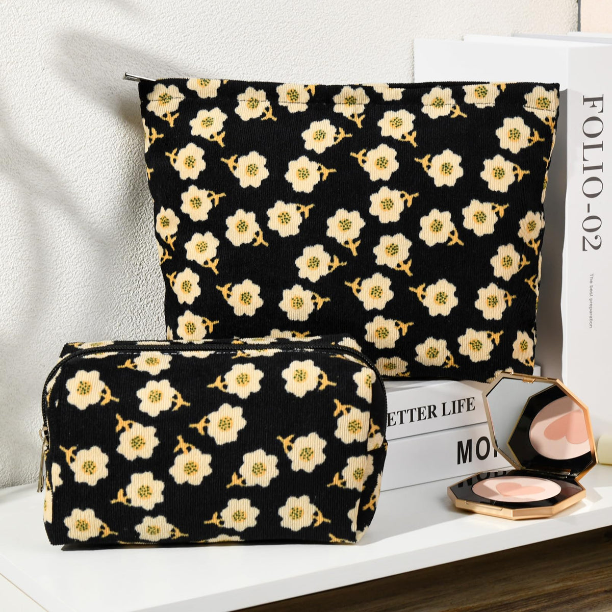 SOIDRAM large cosmetic bag measuring 11x6 inches in black floral pattern