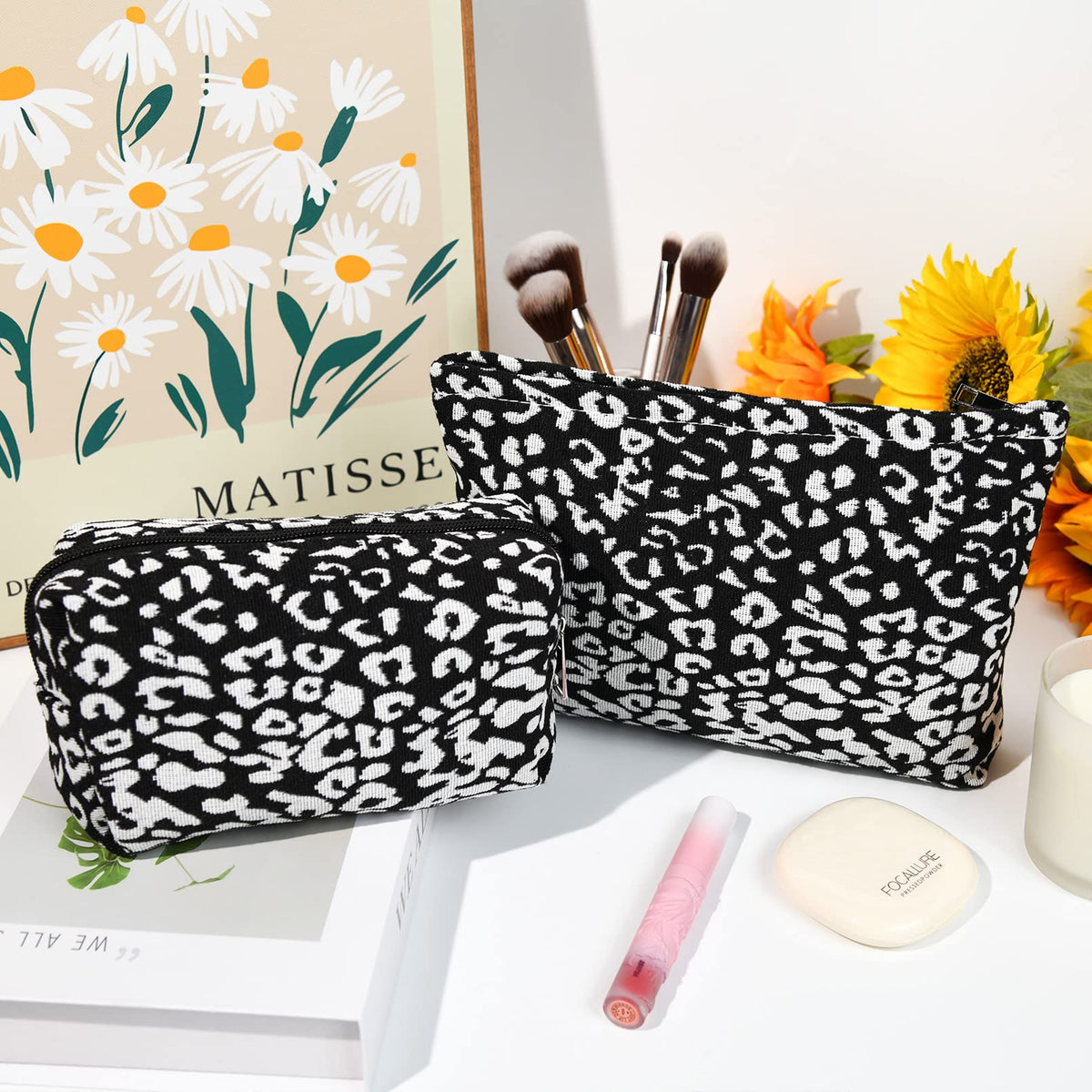 SOIDRAM Leopard Print Makeup Bag set on a vanity