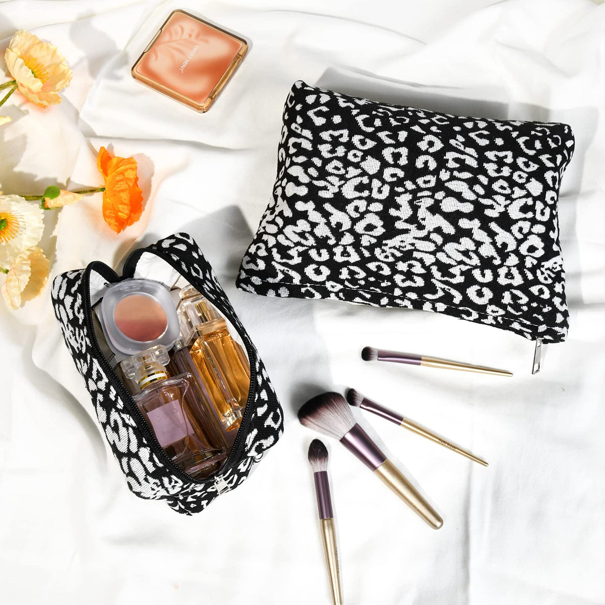SOIDRAM Leopard Print Makeup Bag with cosmetics inside