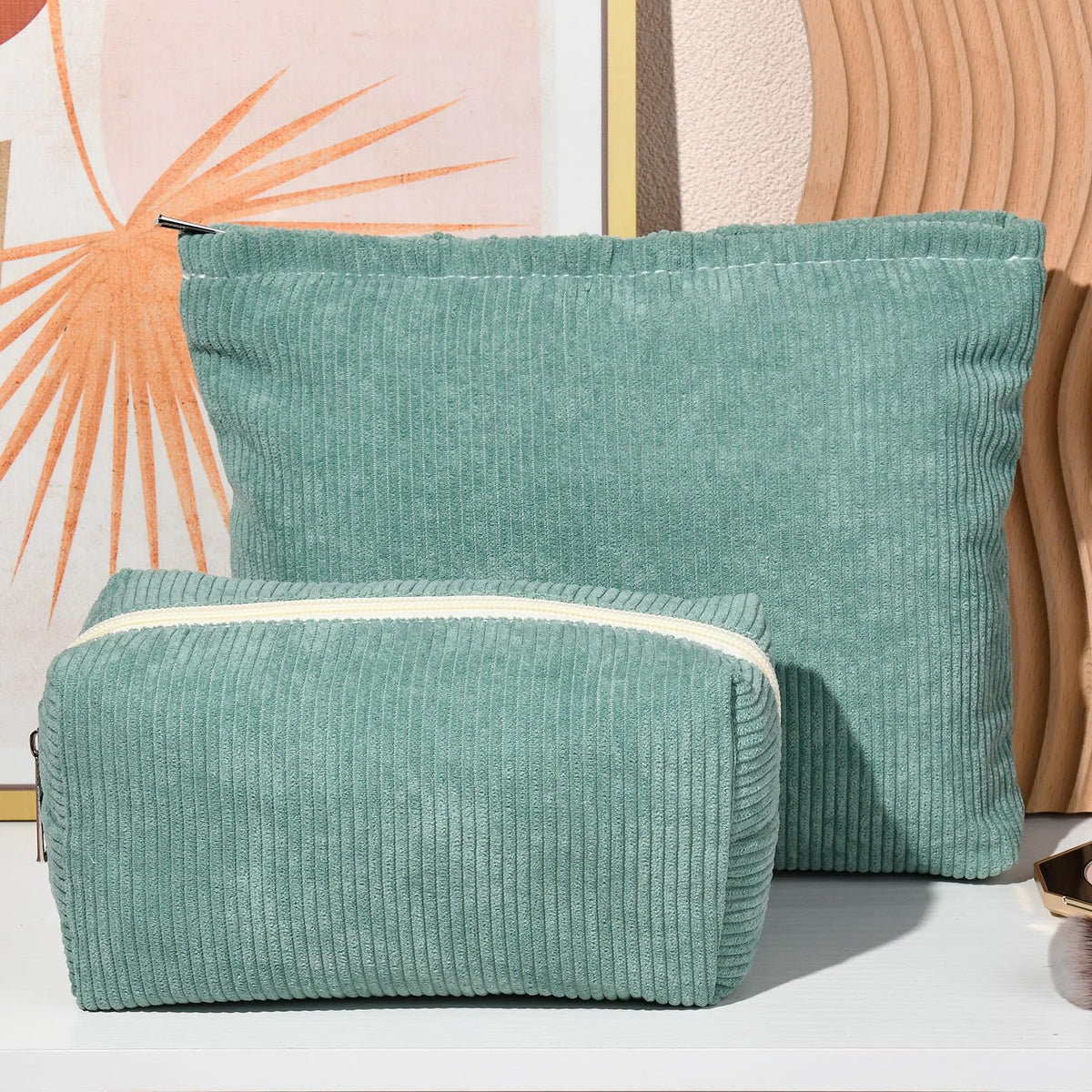 SOIDRAM makeup bag set in a stylish flat lay arrangement
