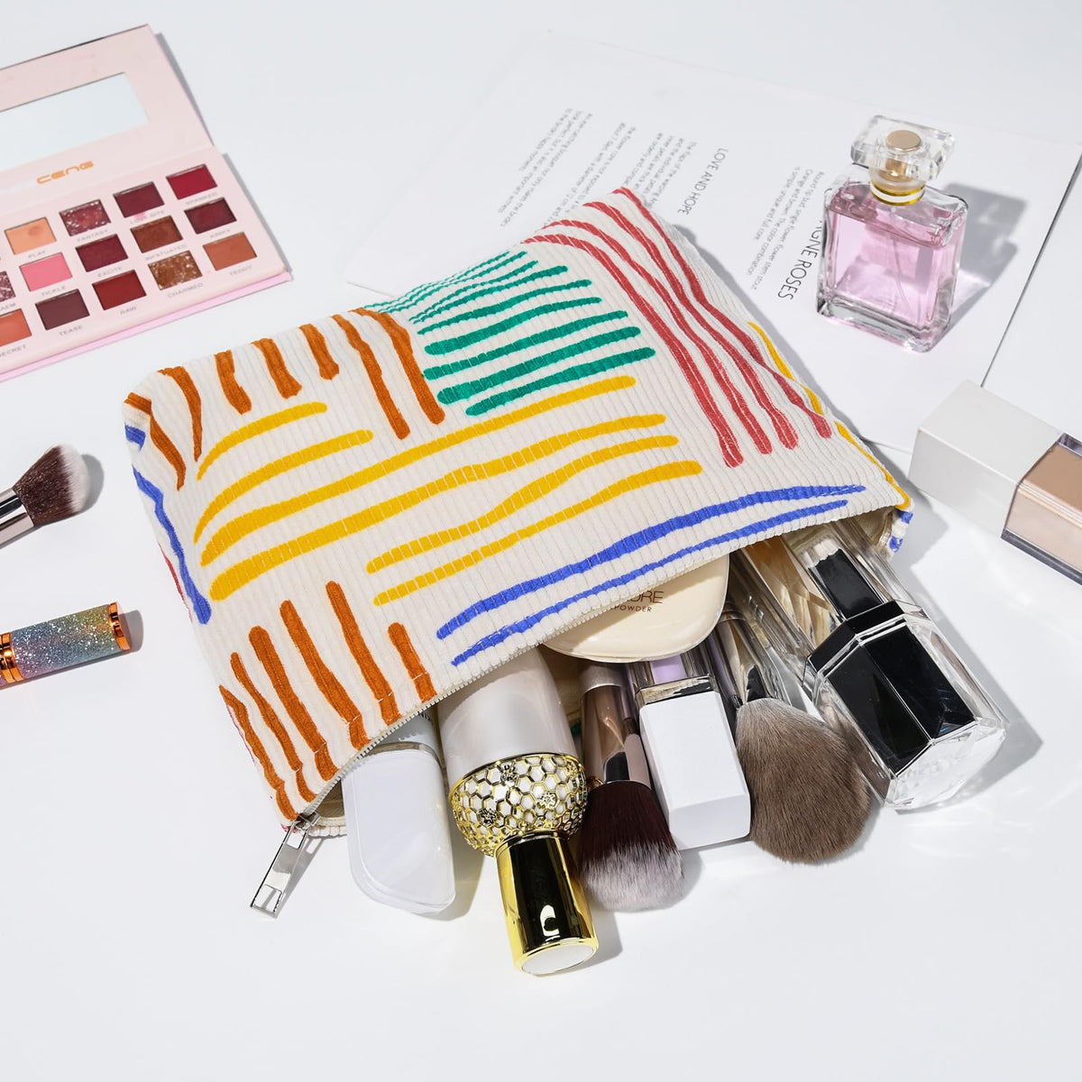 SOIDRAM makeup bag set on a vanity with cosmetics