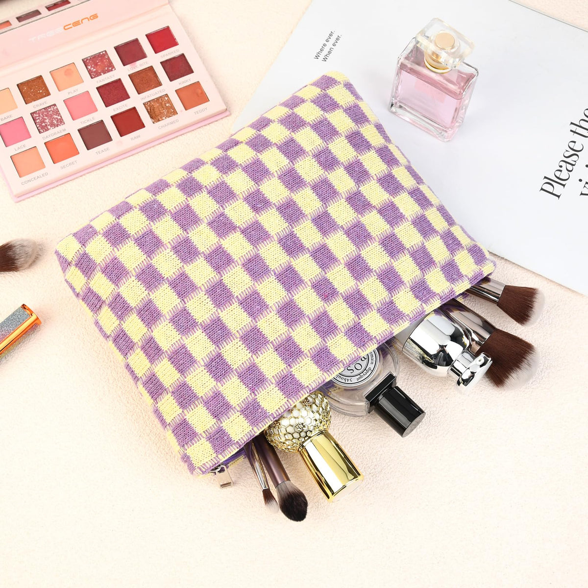 SOIDRAM purple checkered makeup bag with toiletries inside