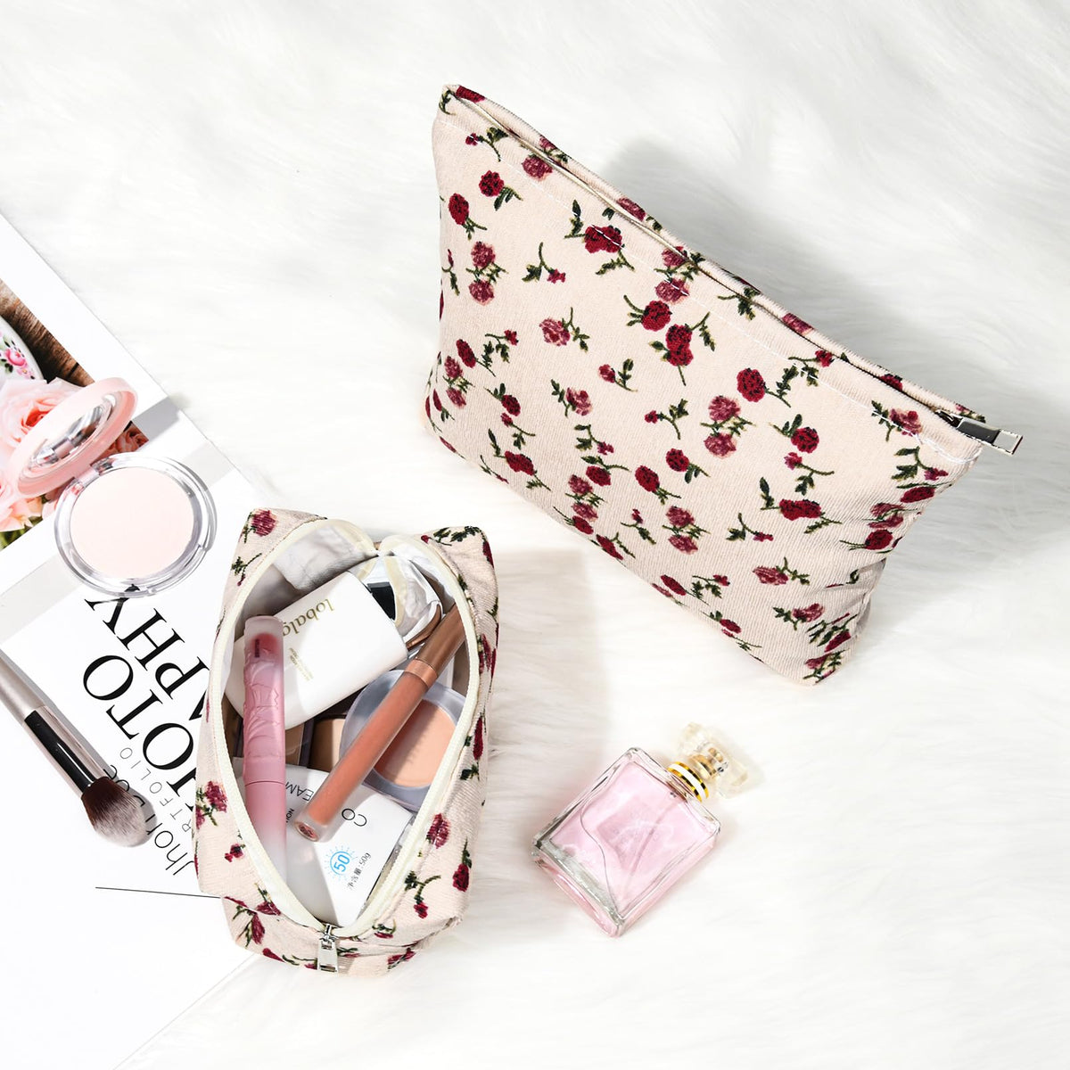 SOIDRAM Rose Makeup Bag Set displayed with cosmetics
