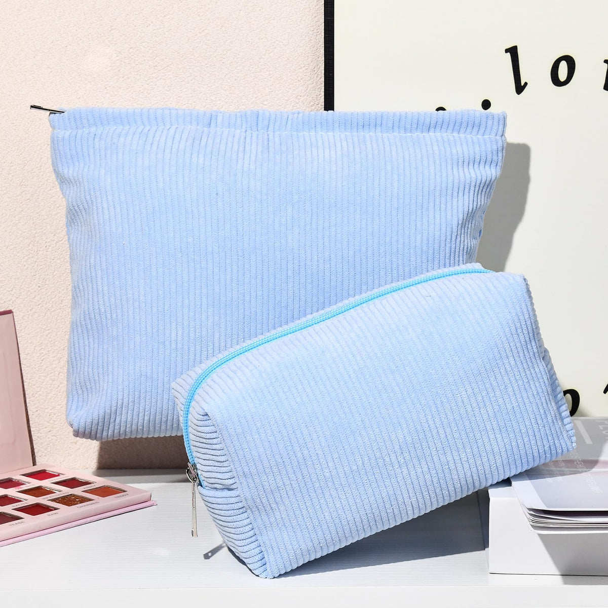SOIDRAM small blue corduroy makeup bag side view