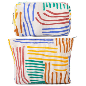 SOIDRAM Stripes Makeup Bag Set front view in colourful corduroy