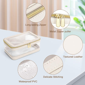 Soimeat Travel Clear Makeup Bag in lifestyle setting with cosmetics