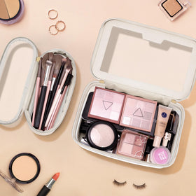 Soimeat Travel Clear Makeup Bag open showing internal compartments