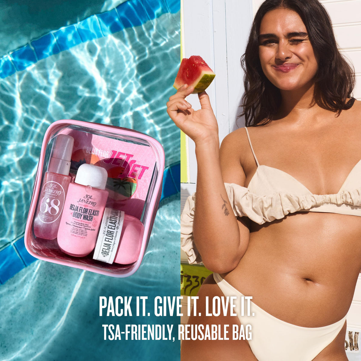Sol de Janeiro Beija Flor Jet Set kit on a bathroom counter