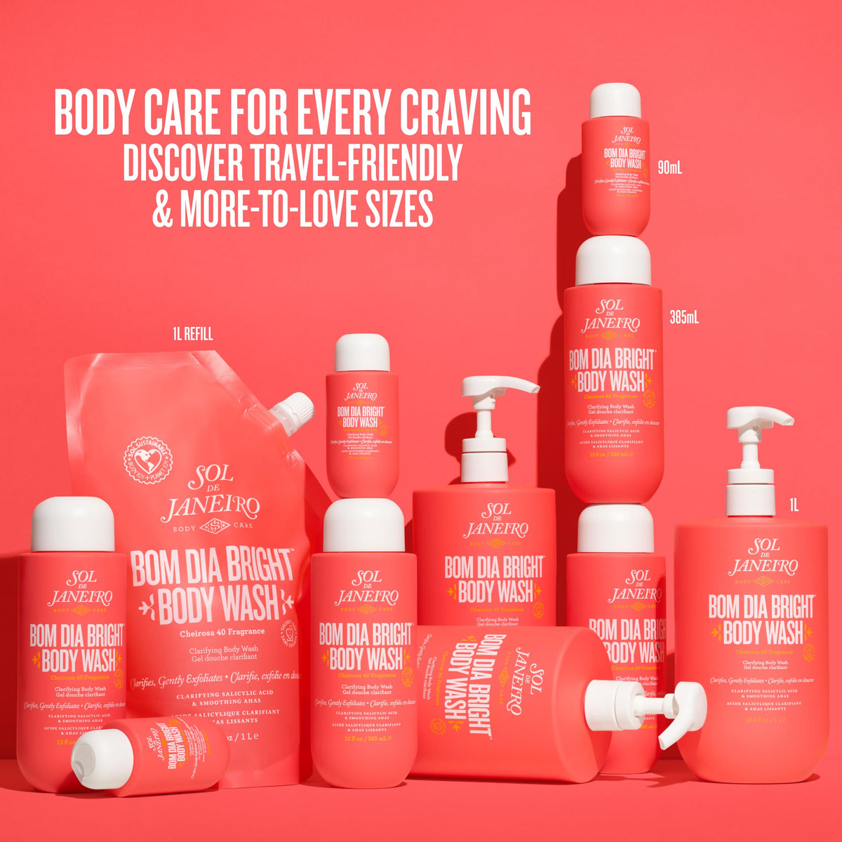 Sol de Janeiro Bom Dia Bright Body Wash 1L refill pouch on a bathroom shelf